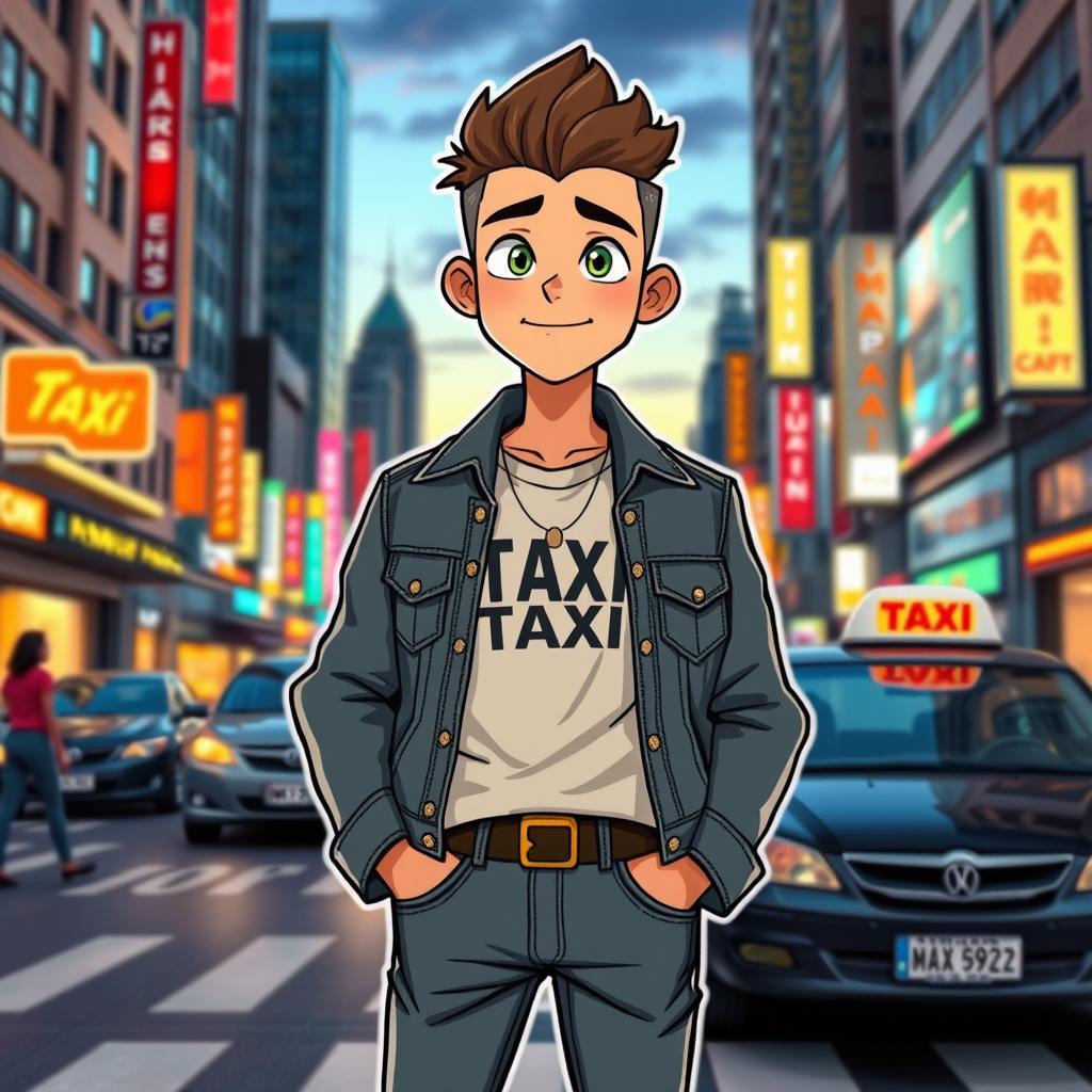 A stylish webtoon boy standing on a bustling city street, waiting for a taxi