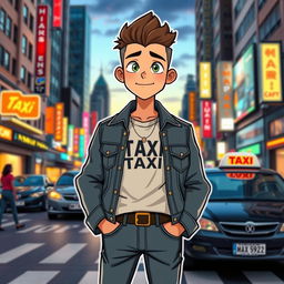 A stylish webtoon boy standing on a bustling city street, waiting for a taxi