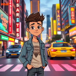 A stylish webtoon boy standing on a bustling city street, waiting for a taxi