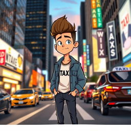 A stylish webtoon boy standing on a bustling city street, waiting for a taxi