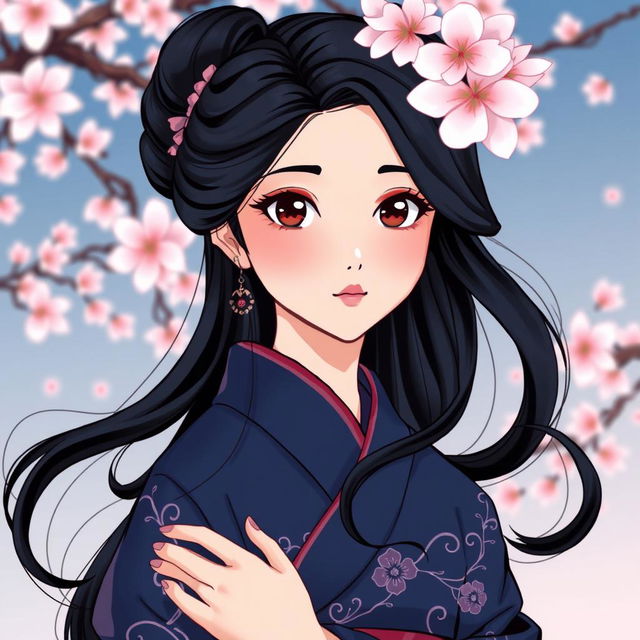 An illustration in manhwa style featuring an elegant Asian Japanese woman dressed in a dark blue kimono