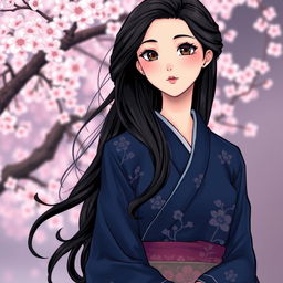 An illustration in manhwa style featuring an elegant Asian Japanese woman dressed in a dark blue kimono