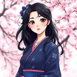 An illustration in manhwa style featuring an elegant Asian Japanese woman dressed in a dark blue kimono
