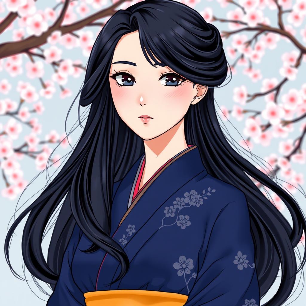 An illustration in manhwa style featuring an elegant Asian Japanese woman dressed in a dark blue kimono