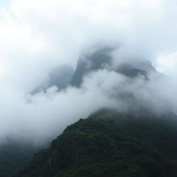 A majestic mountain shrouded in a misty veil, symbolizing eternal love and mourning