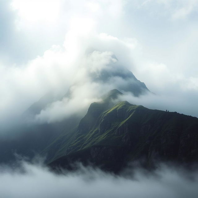 A majestic mountain shrouded in a misty veil, symbolizing eternal love and mourning