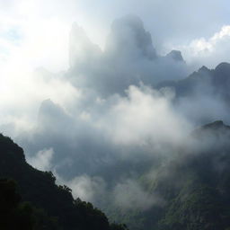 A majestic mountain shrouded in a misty veil, symbolizing eternal love and mourning