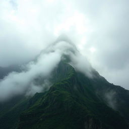 A majestic mountain shrouded in a misty veil, symbolizing eternal love and mourning