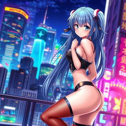 A stunning hot anime girl wearing stylish stockings, with a playful expression