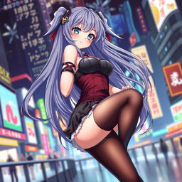 A stunning hot anime girl wearing stylish stockings, with a playful expression