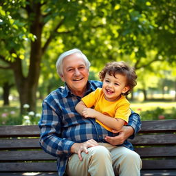 A warm and joyful scene of a grandfather holding his young grandson in a park