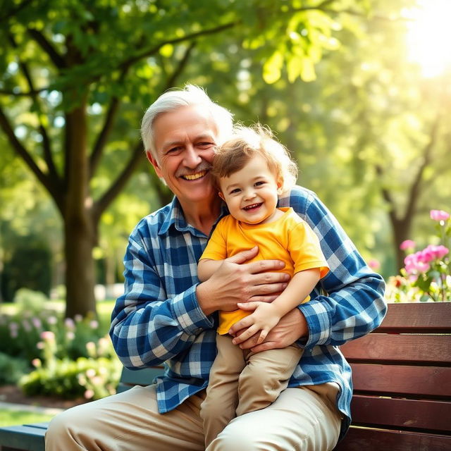 A warm and joyful scene of a grandfather holding his young grandson in a park