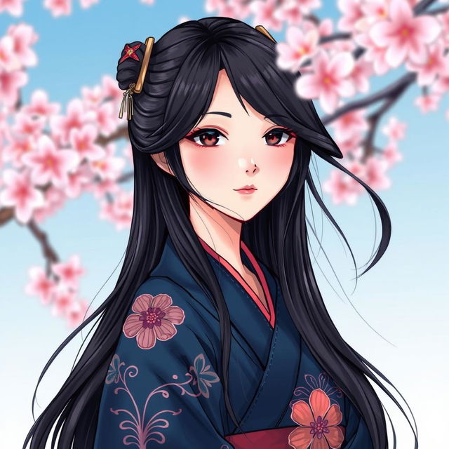 A vibrant and detailed illustration in manhwa style depicting an Asian Japanese woman wearing a dark blue kimono