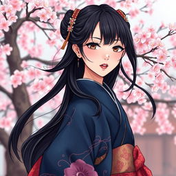 A vibrant and detailed illustration in manhwa style depicting an Asian Japanese woman wearing a dark blue kimono