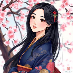 A vibrant and detailed illustration in manhwa style depicting an Asian Japanese woman wearing a dark blue kimono