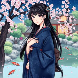 An illustration of an Asian Japanese woman wearing a dark blue kimono, showcasing intricate patterns and textures of the fabric