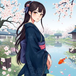 An illustration of an Asian Japanese woman wearing a dark blue kimono, showcasing intricate patterns and textures of the fabric