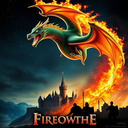An action-packed movie poster featuring a fire-breathing dragon soaring through the sky, with vibrant flames illuminating its majestic wings