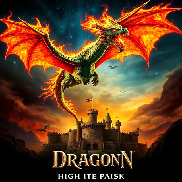 An action-packed movie poster featuring a fire-breathing dragon soaring through the sky, with vibrant flames illuminating its majestic wings