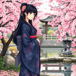 An illustration in manhwa style featuring an Asian Japanese woman wearing a beautifully detailed dark blue kimono