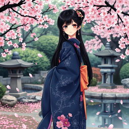 An illustration in manhwa style featuring an Asian Japanese woman wearing a beautifully detailed dark blue kimono