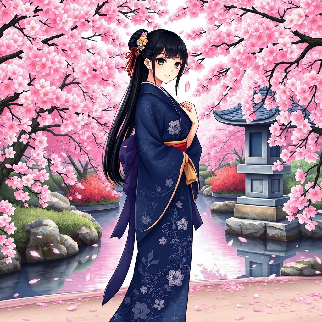 An illustration in manhwa style featuring an Asian Japanese woman wearing a beautifully detailed dark blue kimono