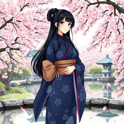 An illustration in manhwa style featuring an Asian Japanese woman wearing a beautifully detailed dark blue kimono