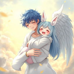 A blue-haired guy angel, resembling a seraph, is warmly embracing an adult girl with white ears and a fluffy tail, both radiating a sense of affection