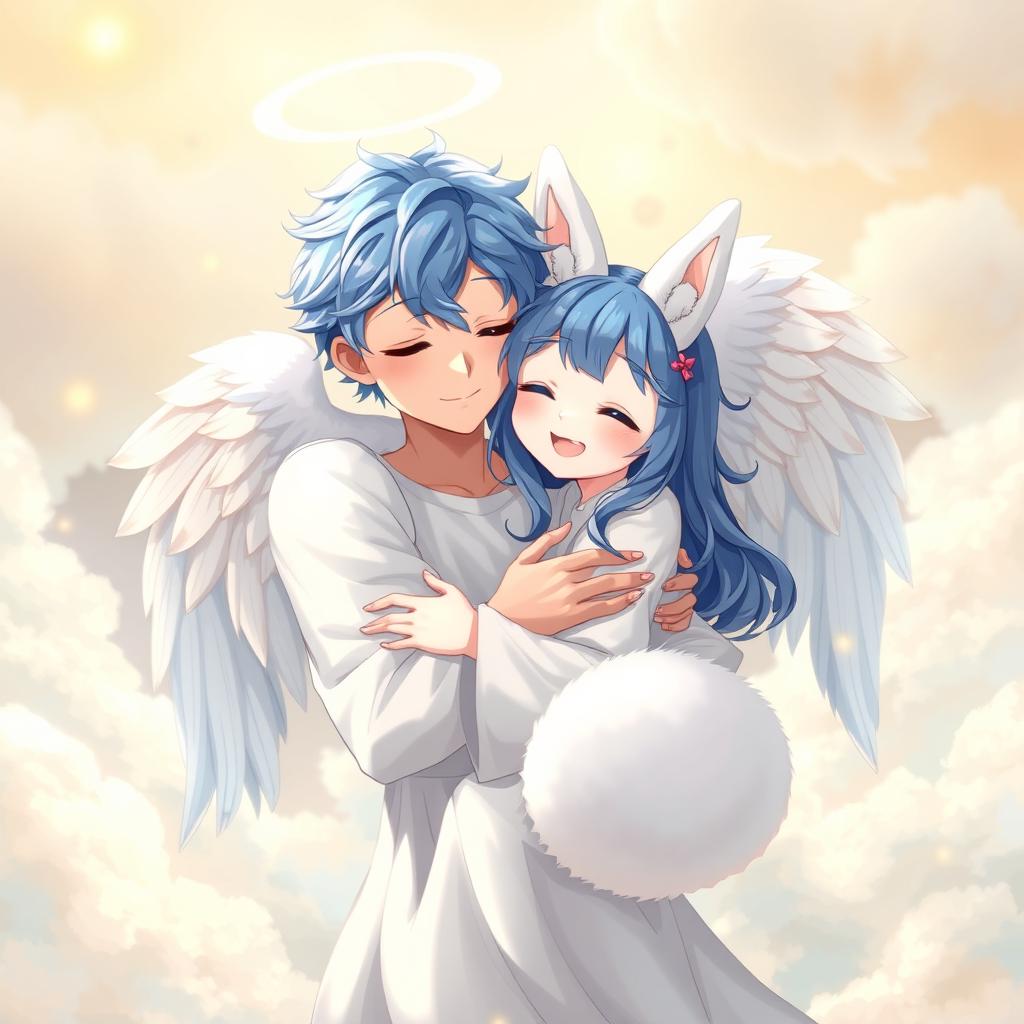 A blue-haired guy angel, resembling a seraph, is warmly embracing an adult girl with white ears and a fluffy tail, both radiating a sense of affection