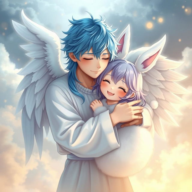 A blue-haired guy angel, resembling a seraph, is warmly embracing an adult girl with white ears and a fluffy tail, both radiating a sense of affection