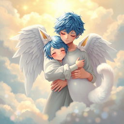 A blue-haired guy angel, resembling a seraph, is warmly embracing an adult girl with white ears and a fluffy tail, both radiating a sense of affection