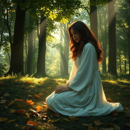 A scene depicting a woman in a forest, crying for a man who has passed away