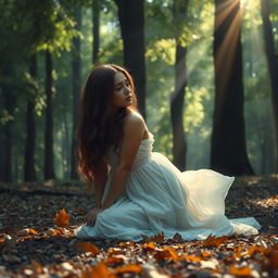 A scene depicting a woman in a forest, crying for a man who has passed away