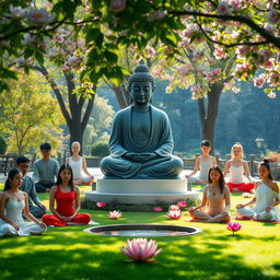 A serene and peaceful scene depicting a Buddhist statue of Buddha surrounded by a diverse group of people practicing meditation and mindfulness