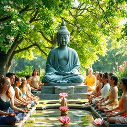 A serene and peaceful scene depicting a Buddhist statue of Buddha surrounded by a diverse group of people practicing meditation and mindfulness
