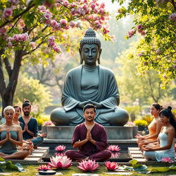 A serene and peaceful scene depicting a Buddhist statue of Buddha surrounded by a diverse group of people practicing meditation and mindfulness
