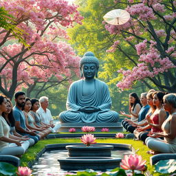 A serene and peaceful scene depicting a Buddhist statue of Buddha surrounded by a diverse group of people practicing meditation and mindfulness