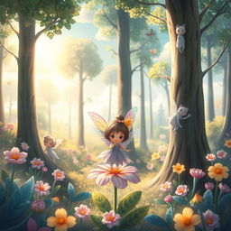 A whimsical and enchanting forest scene with cute, ethereal creatures peeking from behind trees and flowers