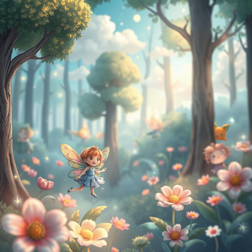 A whimsical and enchanting forest scene with cute, ethereal creatures peeking from behind trees and flowers