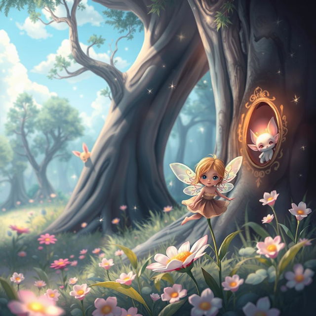 A whimsical and enchanting forest scene with cute, ethereal creatures peeking from behind trees and flowers