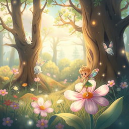 A whimsical and enchanting forest scene with cute, ethereal creatures peeking from behind trees and flowers