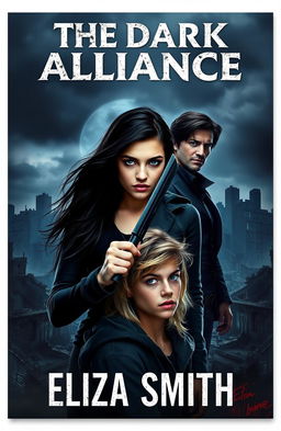 A book cover featuring a dark, ominous dystopian cityscape of Erimosi with crumbling buildings and a shadowy, overcast sky