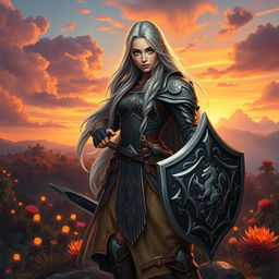 A captivating portrait of a powerful female warrior in a fantasy setting, standing confidently atop a hill overlooking a sunset