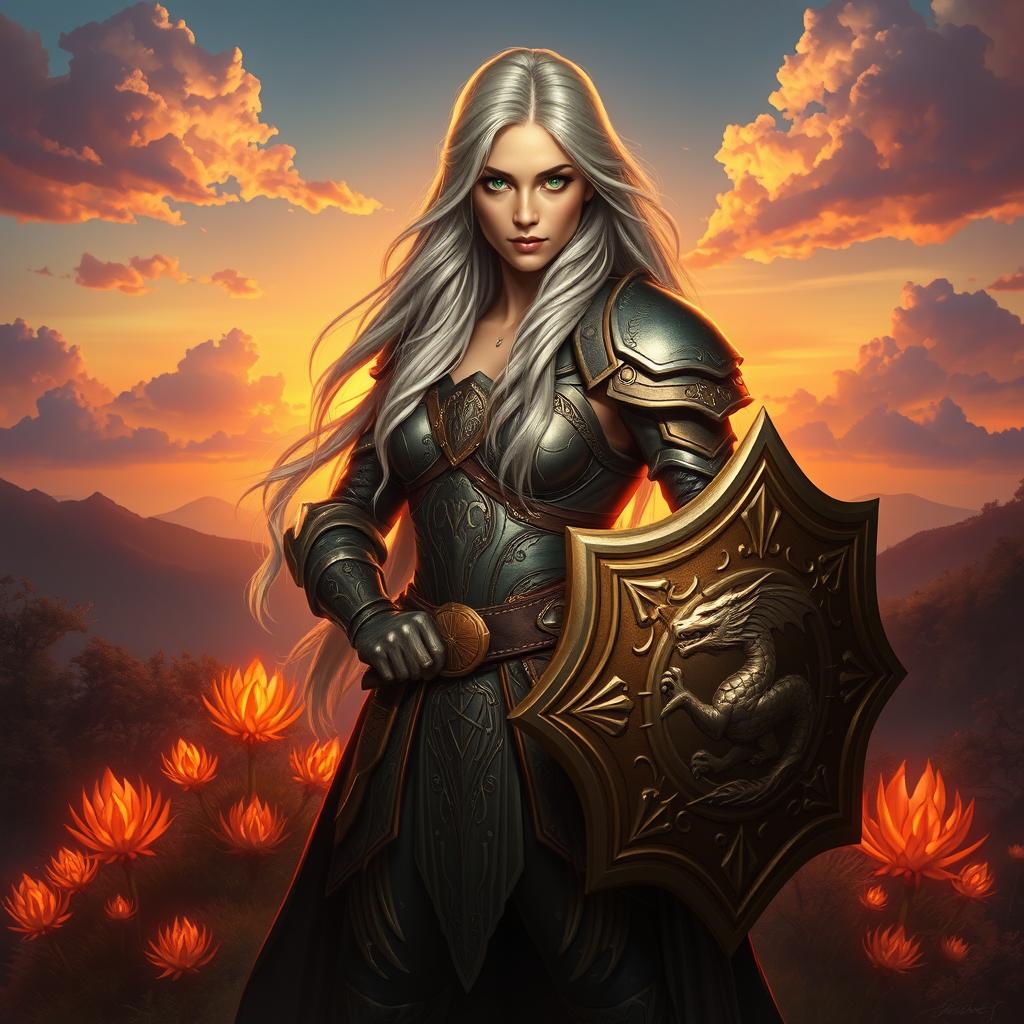 A captivating portrait of a powerful female warrior in a fantasy setting, standing confidently atop a hill overlooking a sunset