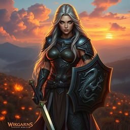 A captivating portrait of a powerful female warrior in a fantasy setting, standing confidently atop a hill overlooking a sunset