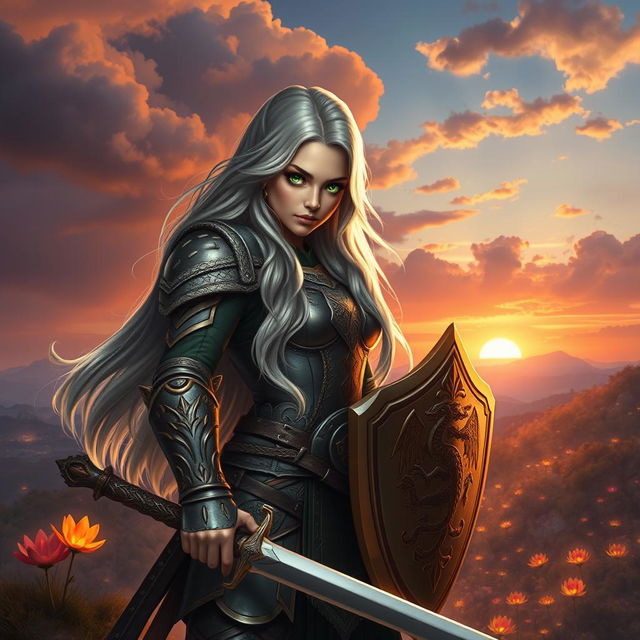 A captivating portrait of a powerful female warrior in a fantasy setting, standing confidently atop a hill overlooking a sunset