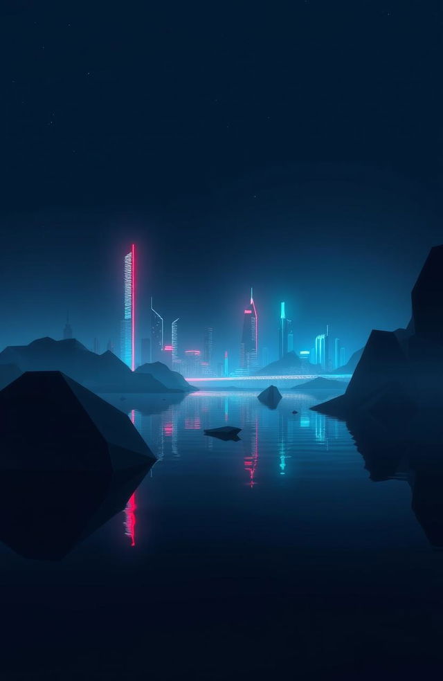 A minimalistic sci-fi fantasy landscape featuring futuristic architecture