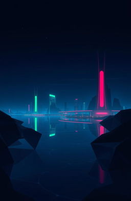 A minimalistic sci-fi fantasy landscape featuring futuristic architecture