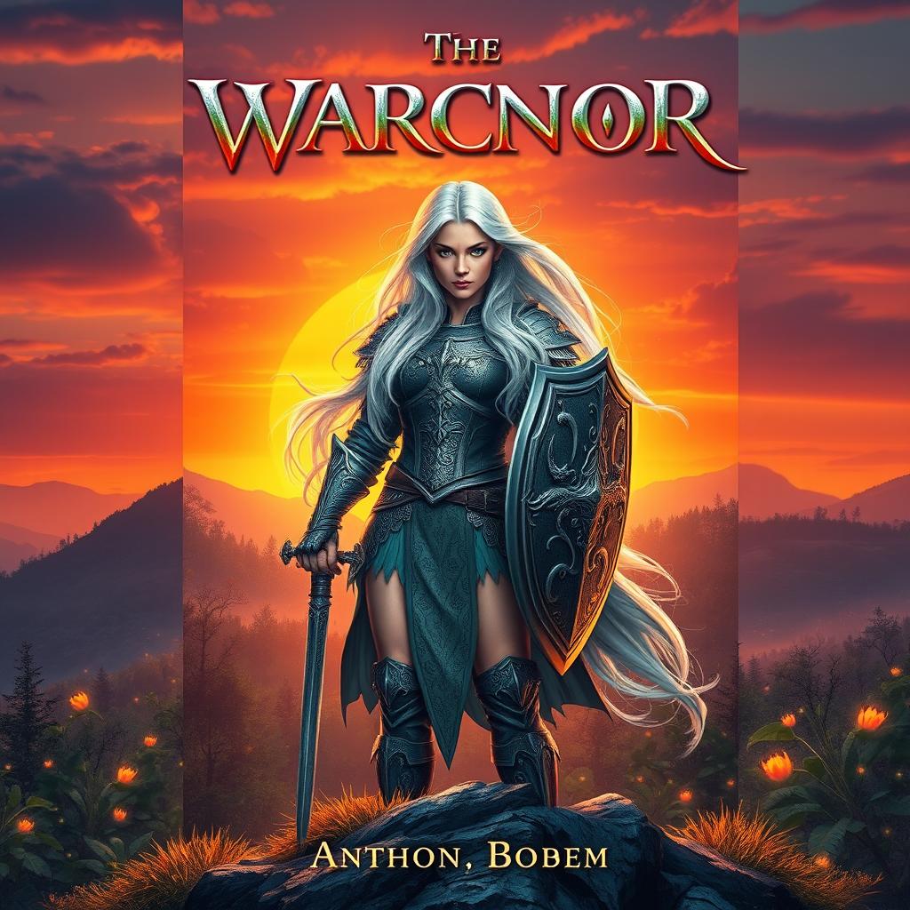 A stunning book cover design featuring a powerful female warrior in a fantasy setting