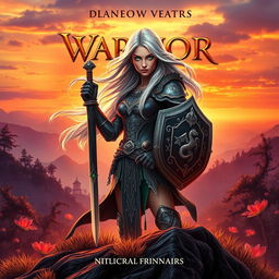 A stunning book cover design featuring a powerful female warrior in a fantasy setting